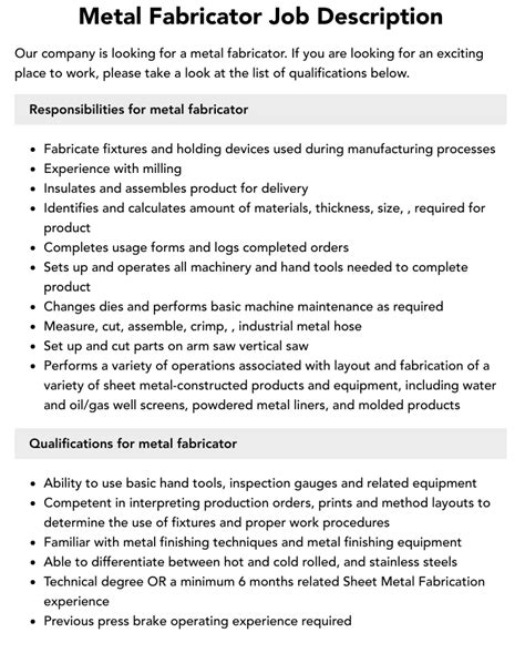 metal fabrication job duties|sheet metal fabricator job description.